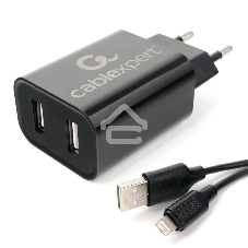 Адаптер питания Cablexpert MP3A-PC-36 USB 2 порта, 2.4A, черный + кабель 1м lightning