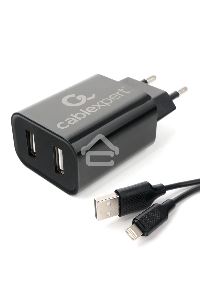 Адаптер питания Cablexpert MP3A-PC-36 USB 2 порта, 2.4A, черный + кабель 1м lightning