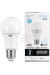 Лампа светодиодная Gauss Elementary 20Вт цок.:E27 груша 220B 6500K св.свеч.бел.хол. A60 (упак.:10шт) (23239)