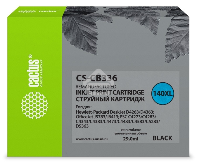 Картридж струйный Cactus CS-CB336 №140XL черный (29 мл.) для HP DJ D4263/D4363/DJ J5783/J6413/PSC C4273/C4283/C4343/C4383/C4473/C4483/C4583/C5283/D5363