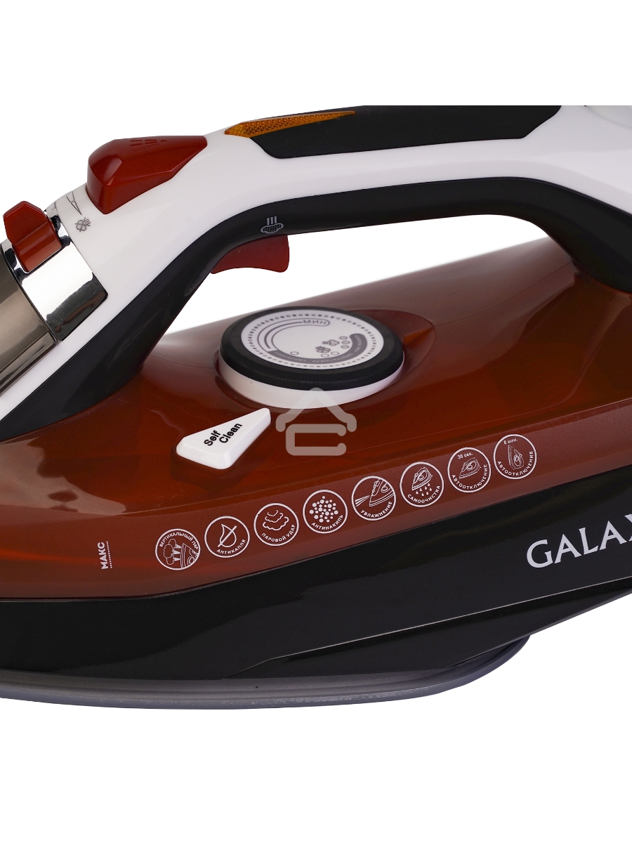 Утюг Galaxy GL 6131, оранжевый, паровой, 2500 Вт, подача пара до 50 г/мин, паровой удар до 230 г/мин, функции: автоотключение, самоочистка, антикапля, антинакипь, функция увлажнения, вертикальное отпаривание, керамическое покрытие подошвы, защита от перег