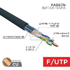 Кабель витая пара Rexant F/UTP, CAT 6, PE, 4PR, 23AWG, OUTDOOR, SOLID, черный, 305м