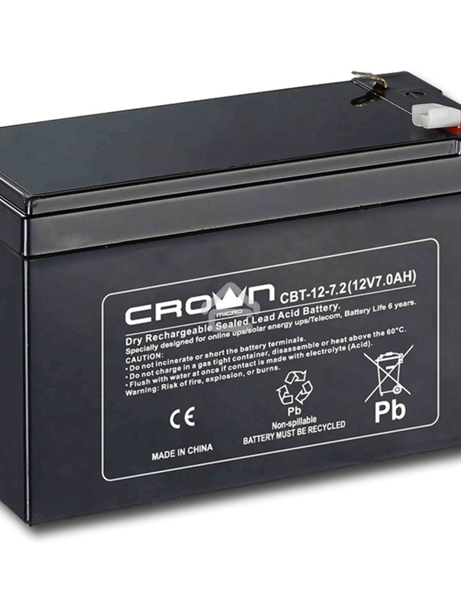 Батарея CROWN CBT-12-7.2 (напряжение 12В, емкость 7.2 А/Ч, разм 151х65х100 мм, вес 2,1 кг, тип клеммы - F2, 5 лет)
