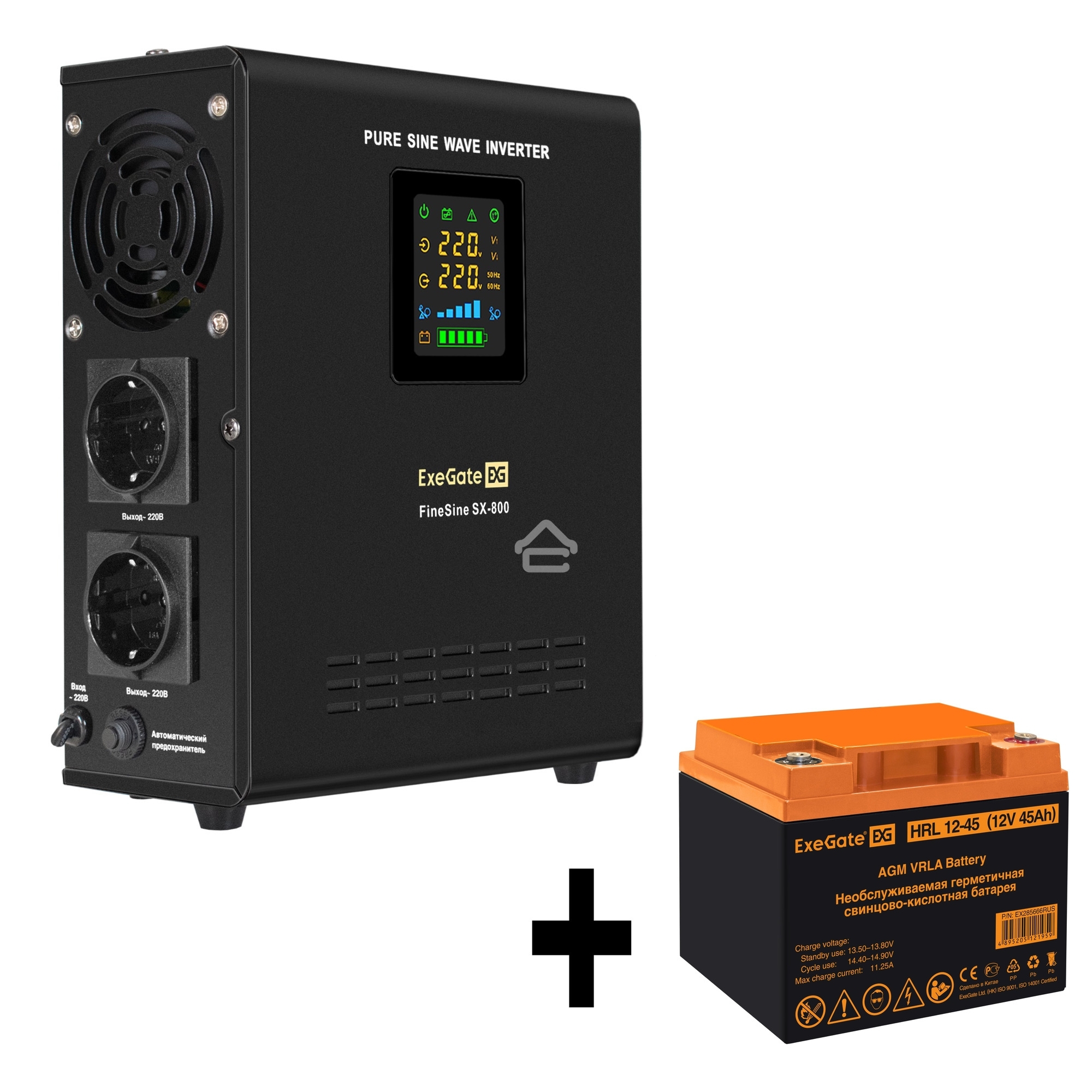 Комплект ИБП EX295996RUS + батарея 45Aч EX285666RUS 1шт (инвертор, синус, для котла, настенный) ExeGate FineSine SX-800.LCD.AVR.2SH <800VA/500W, чистая синусоида, цветной LCD-дисплей, AVR, 2*Schuko, линейно-интерактивный, крепление настенное/универсальное