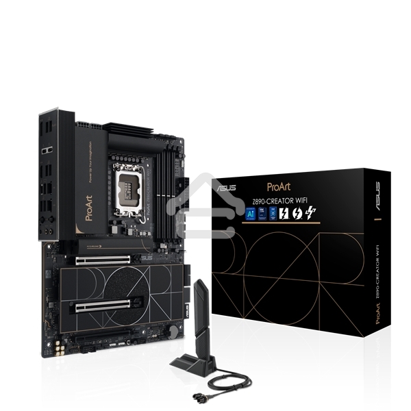 Материнская плата ASUS ProArt Z890-CREATOR WIFI, LGA 1851, Intel Z890, 4xDDR5, 4xSATA, 5xM.2, 2xPCIe 5.0 x16, 1xPCIe 4.0 x16, 1xHDMI, 1xDP, 1x 10Gb LAN, 1x 2.5Gb LAN, 2xUSB-C 10Gbps, 6xUSB-A 10Gbps, 1xUSB-A 2.0, 7.1, ATX