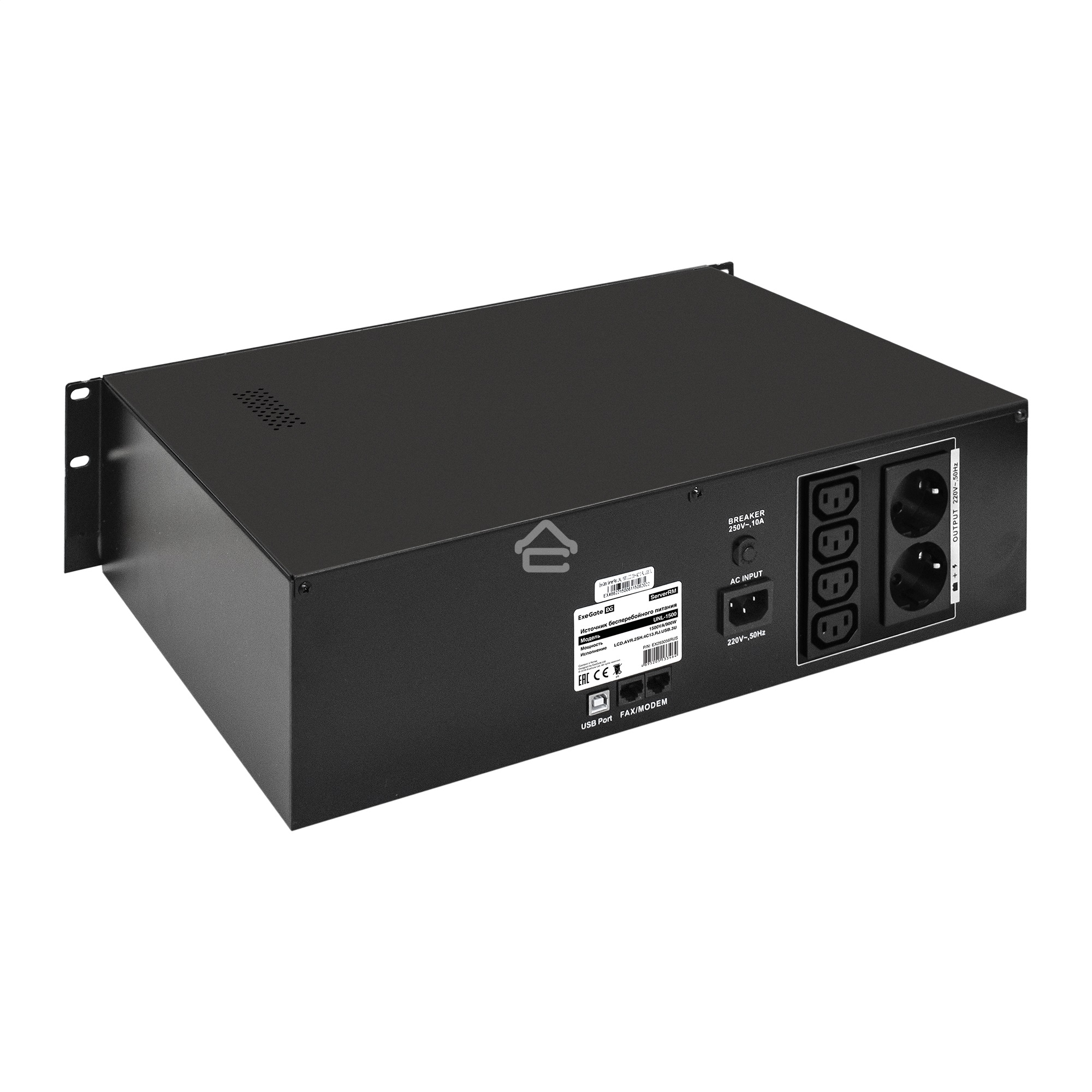 Источник бесперебойного питания ExeGate EX293056RUS ServerRM UNL-1500.LCD.AVR.2SH.4C13.RJ.USB.3U <1500VA/900W, LCD, AVR, 2*Schuko+4*C13, RJ45/11, USB, 3U, установка в стойку, Black>