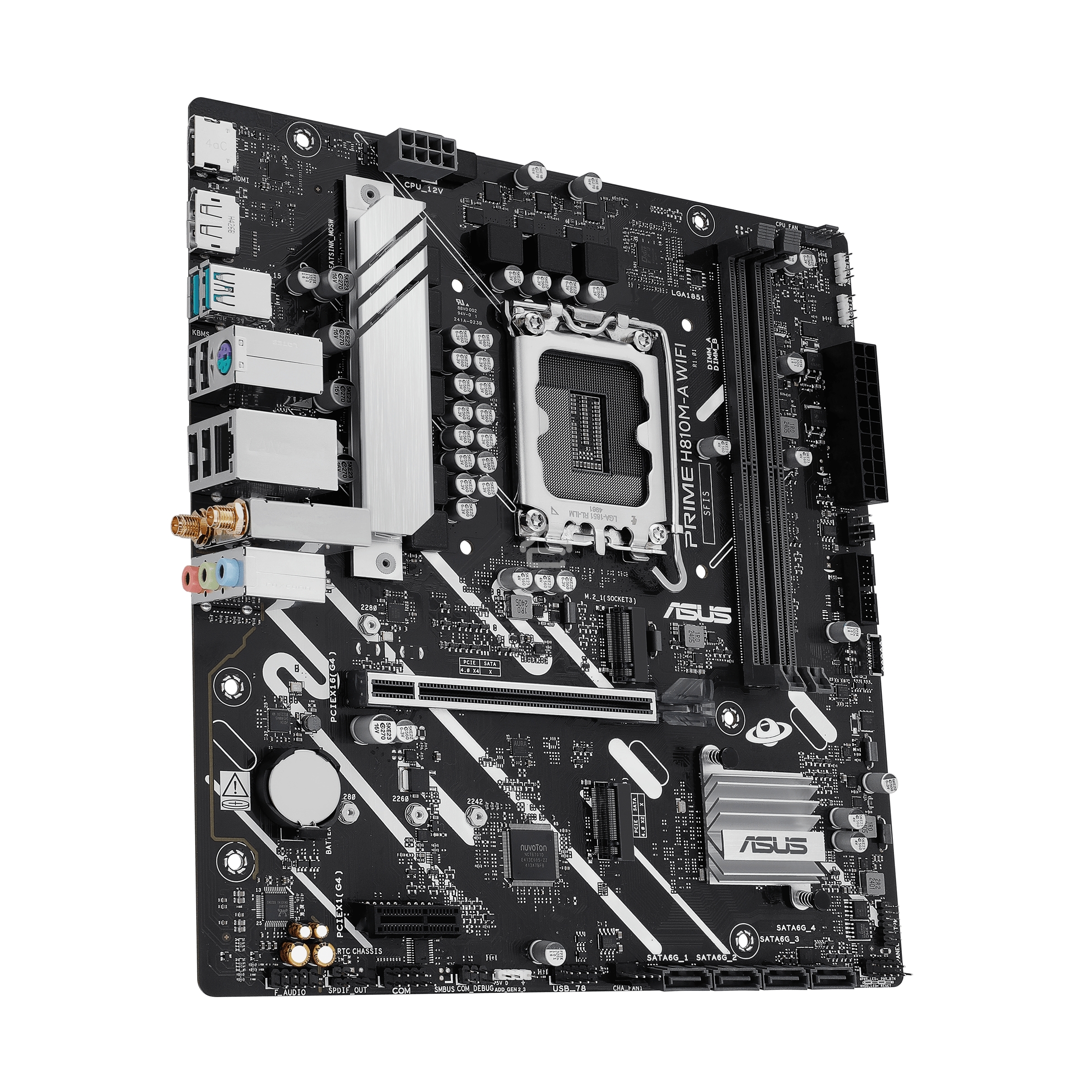 Материнская плата ASUS PRIME H810M-A WIFI, LGA 1851, Intel H810, 2xDDR5, 4xSATA, 2xM.2, 1xPCIe 4.0 x16, 1xPCIe x1, 1xDP, 1xHDMI, 1x1Gb LAN, Wi-Fi, 4xUSB 2.0, 2xUSB 3.2 Gen 2, 3x3.5 мм, 7.1, Micro-ATX