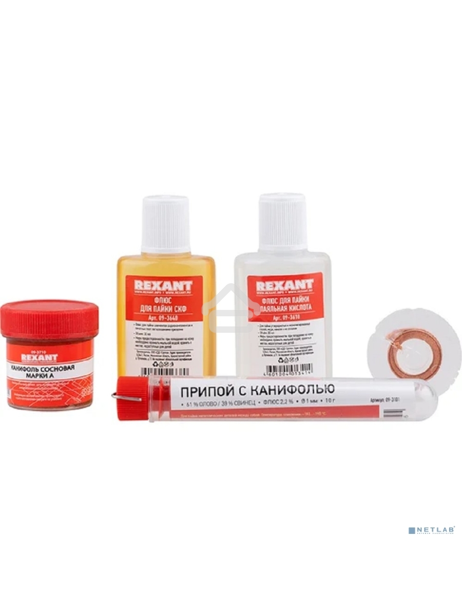 Набор для пайки Rexant К1 универсальный (припой, флюс ПК, флюс СКФ, канифоль, оплетка)