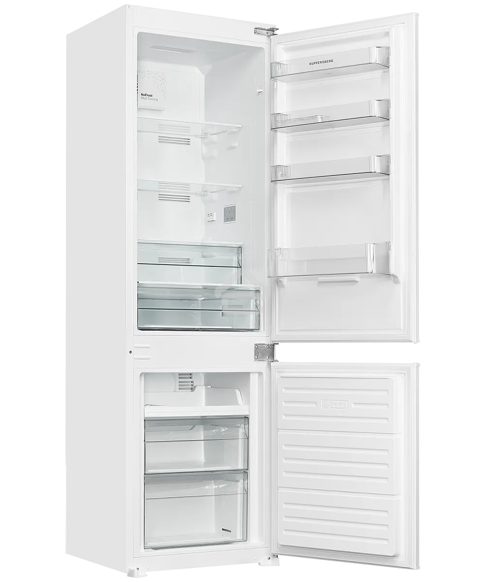 Встраиваемый холодильник Kuppersberg RBN 1763, полезный объем 233 л, сенсорное управление, полезный объем морозильной камеры 63 л, No Frost, LED подсветка, перенавешиваемые двери, суперзаморозка, отсек для овощей, белый