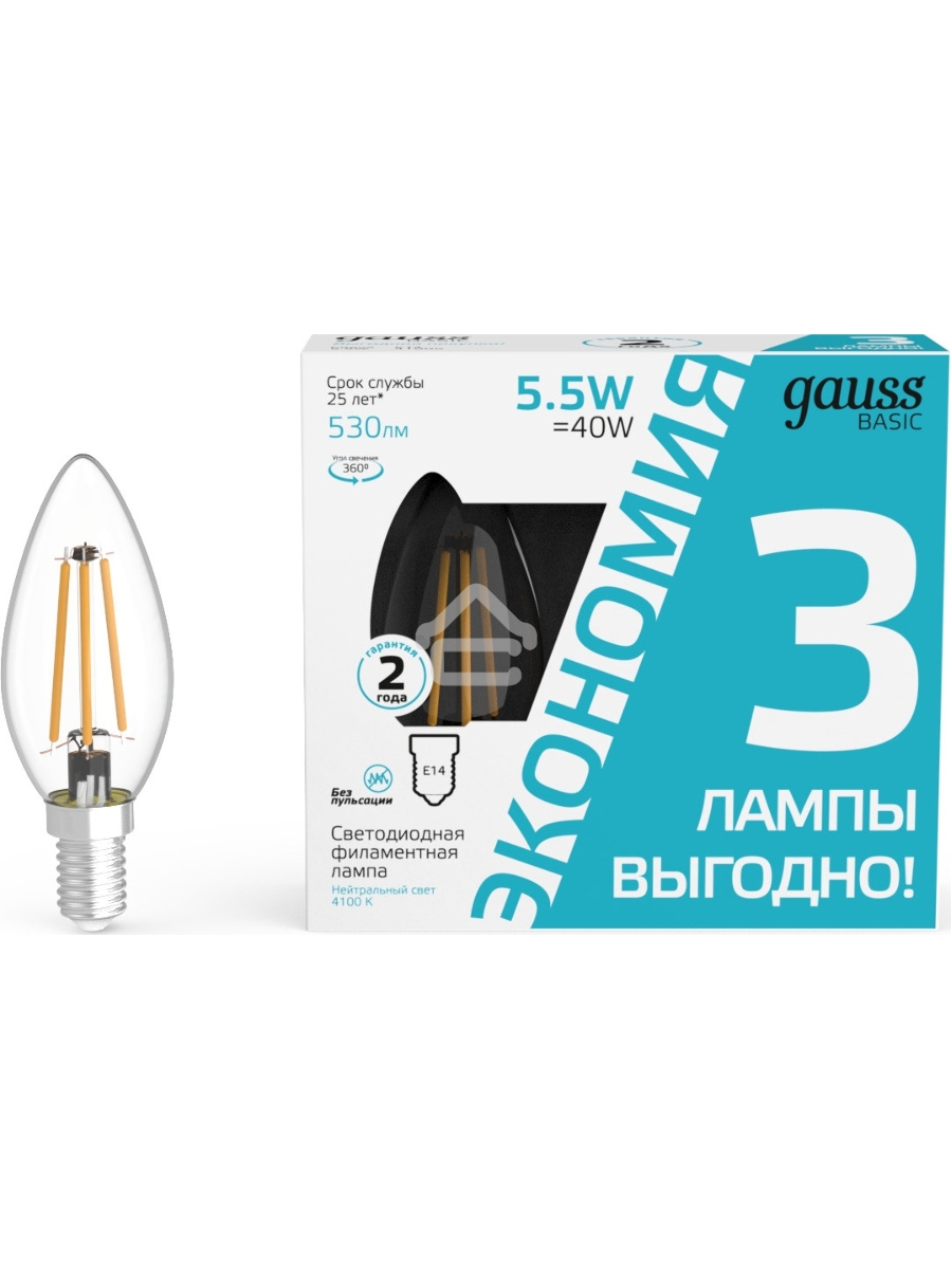 Лампа светодиодная Gauss Basic 1031126T 5.5Вт цок.:E14 свеча 240B 4100K св.свеч.бел.ней. (упак.:3шт)