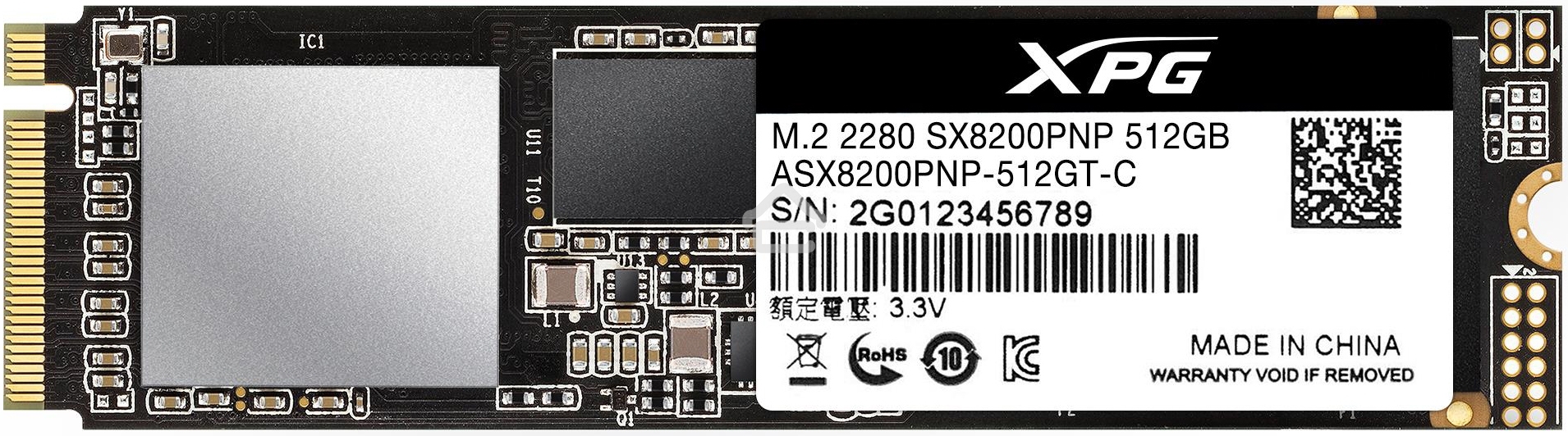 Накопитель SSD XPG SX8200 Pro, 512 Gb, PCIe 3.0 x4, M.2 2280, NVMe, R/W 3350/2350, с радиатором