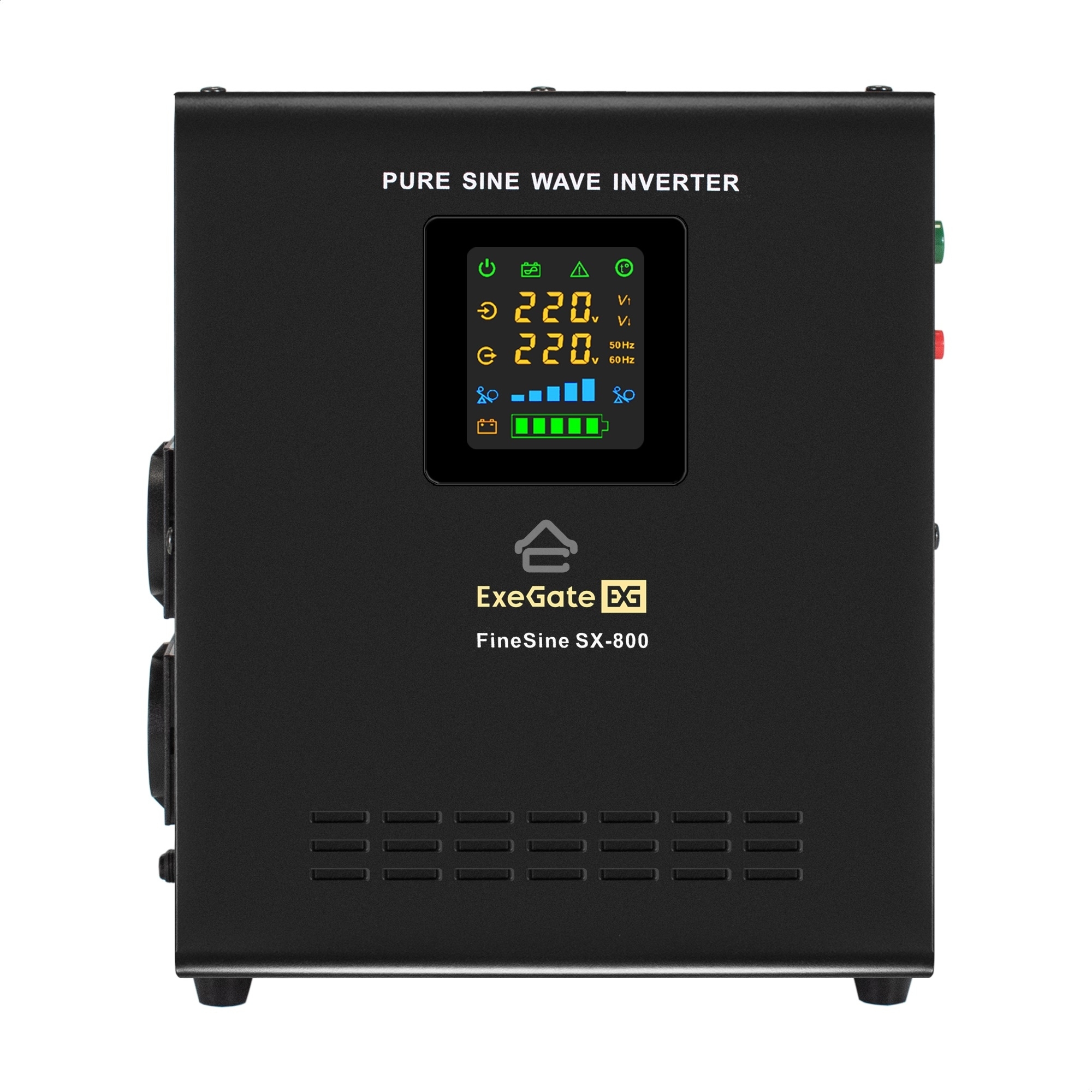 Комплект ИБП EX295996RUS + батарея 45Aч EX285666RUS 1шт (инвертор, синус, для котла, настенный) ExeGate FineSine SX-800.LCD.AVR.2SH <800VA/500W, чистая синусоида, цветной LCD-дисплей, AVR, 2*Schuko, линейно-интерактивный, крепление настенное/универсальное