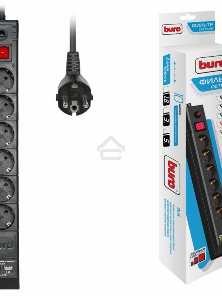 Сетевой фильтр BURO Сетевой фильтр, 6 розеток, 5 метров, (BU-SP5_USB_2A-B) черный {992320}