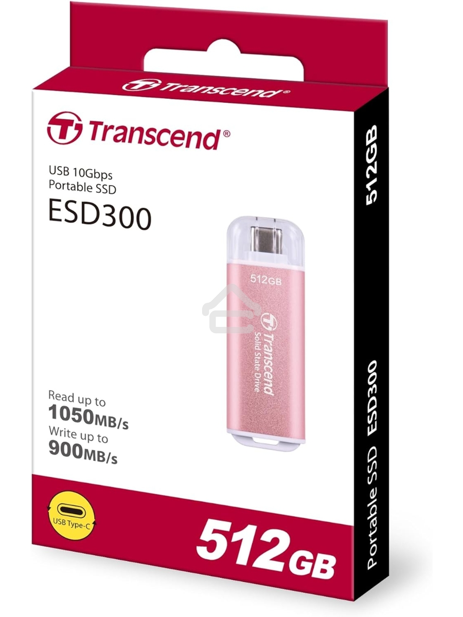 Внешний накопитель SSD Transcend 512Gb ESD300 <TS512GESD300S> (USB3.2 gen 2, Type C, 1050/950Mbs, 3D NAND, 60x20x7.8mm, 9g) розовый