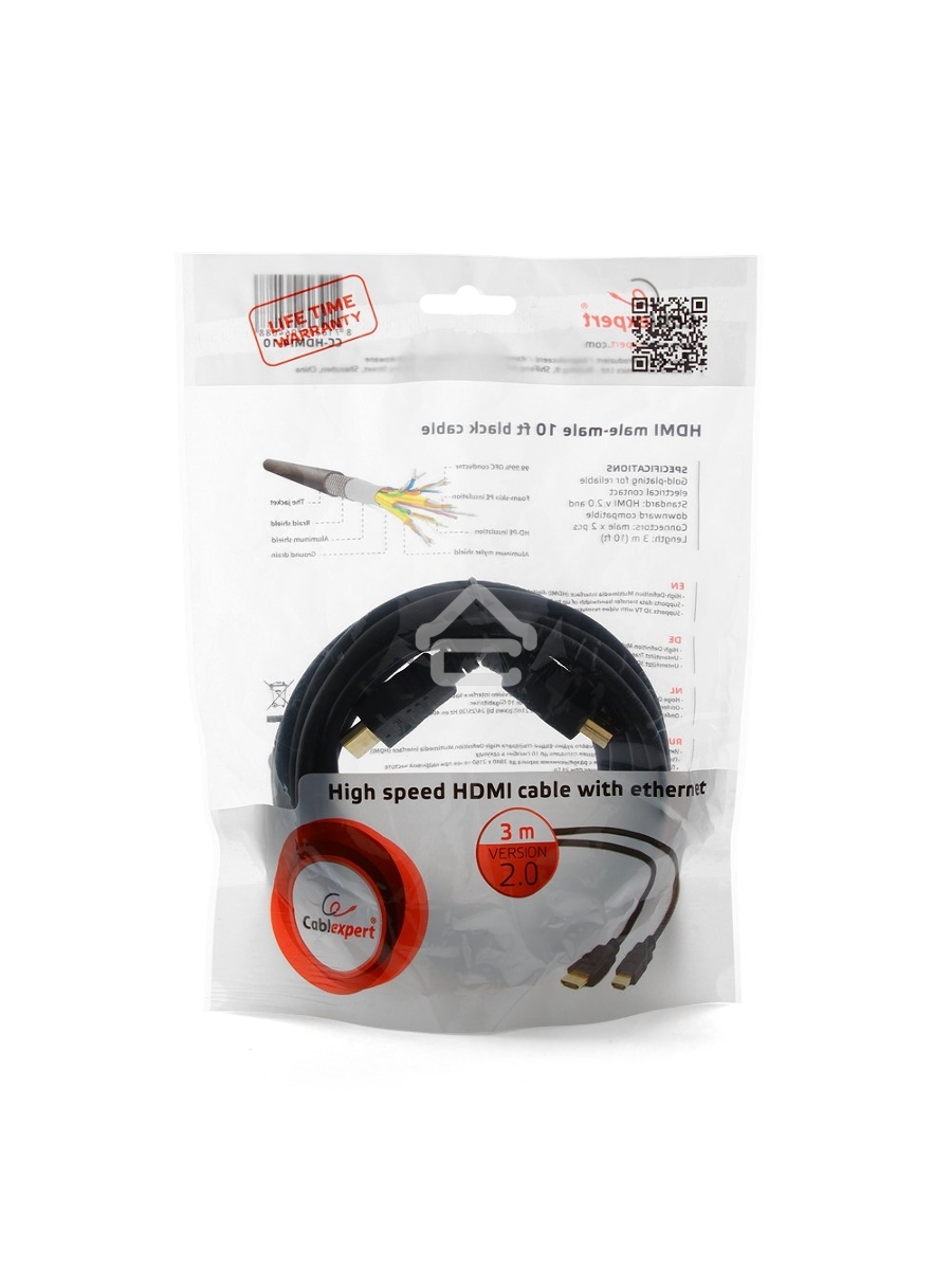 Кабель Cablexpert HDMI CC-HDMI4-10, 19M/19M, v2.0, медь, позол.разъемы, экран, 3м, черный, пакет