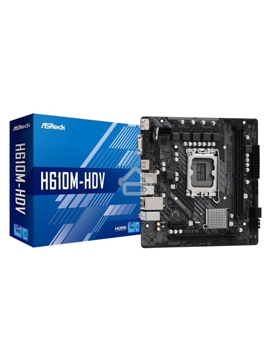 Материнская плата ASRock H610M-HDV, LGA 1700, Intel H610, 2xDDR4, 4xSATA, 1xPCIe 4.0 x16, 1xPCIe x1, 1xHDMI, 1xDP, 1xVGA, 1x 1Gb LAN, 2xUSB-A 3.2 Gen 1, 4xUSB-A 2.0, 3x3.5 мм, 7.1, mATX