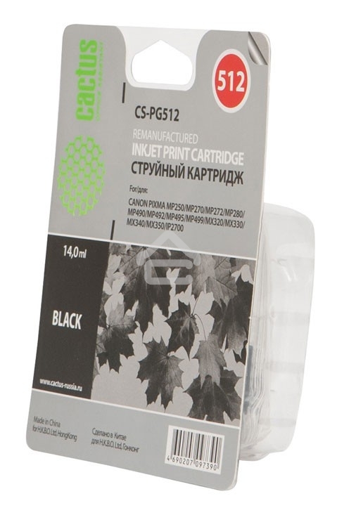 Картридж струйный Cactus CS-PG512 черный (14 мл) для Canon Pixma iP2700/MP240/MP250/MP260/MP270/MP272/MP280/MP480/MP490/MP492/MP495/MX320/MX330/MX340/MX350