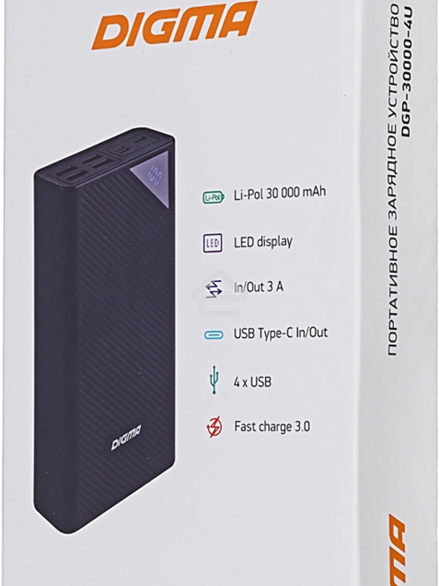 Мобильный аккумулятор Digma DGP-30000-4U Li-Pol 30000mAh 3A черный 2xUSB