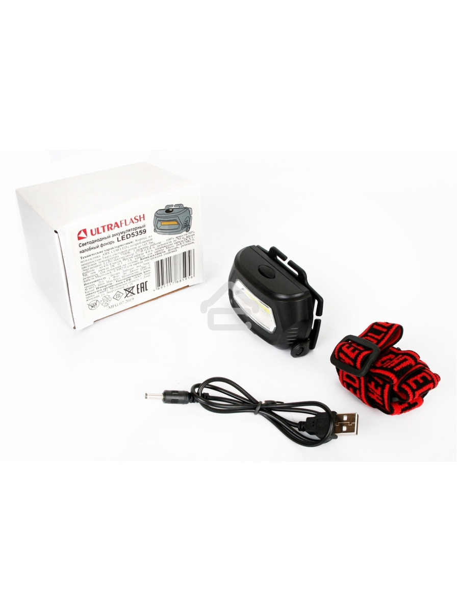 Фонарь налобный Ultraflash LED5359 (аккум 5В черный COB 3 Ватт, 3 реж.,пласт.,бокс)