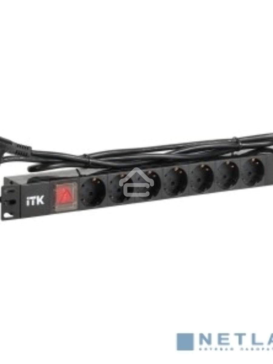 Блок розеток ITK PDU 7 розеток DIN49440 (нем. cтанд.) с LED выключателем, 1U, шнур 2м вилка DIN49441 (нем. станд.), профиль из ПВХ, черный