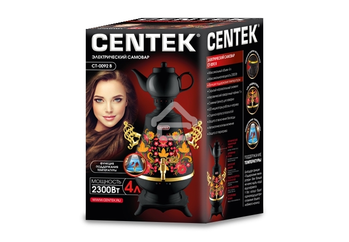 Самовар Centek CT-0092 B (черн+рисунок+золото), 4.0л, 2300Вт, поддерж.t + LED индикатор