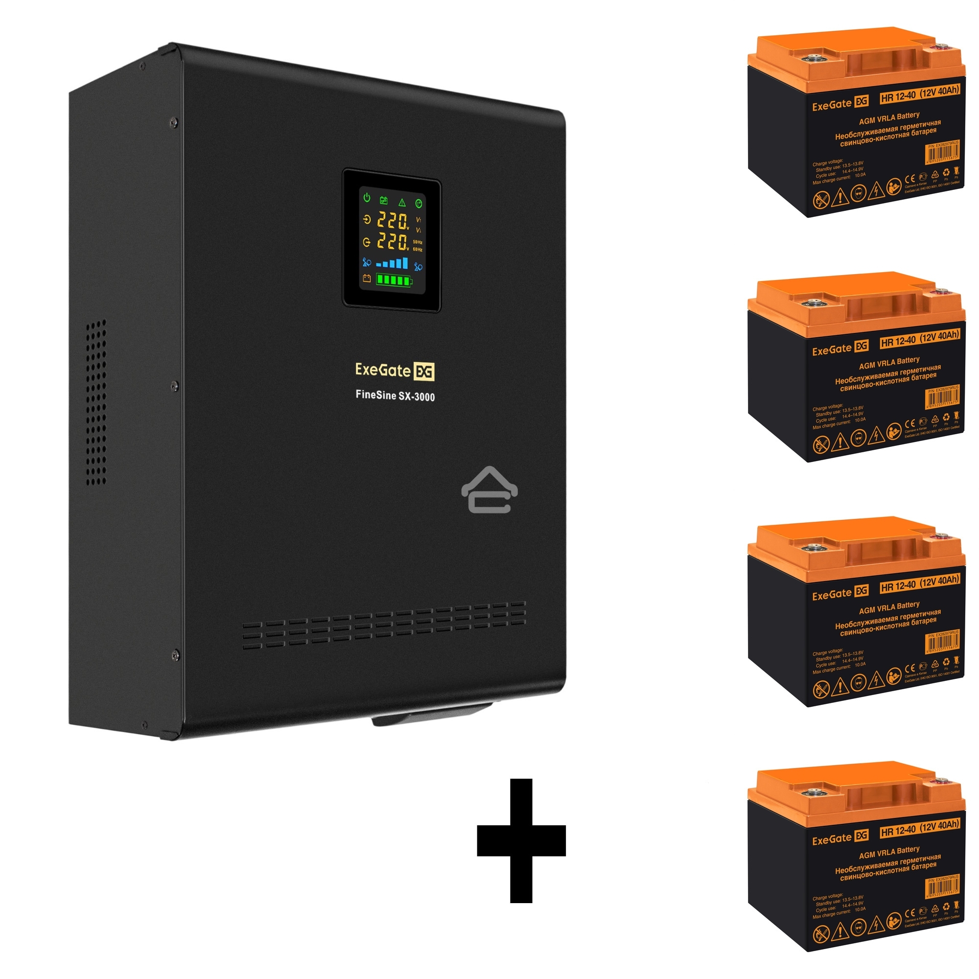 Комплект Источник бесперебойного питания EX296003RUS + батарея 40Aч EX282979RUS 4шт (инвертор, синус, для котла, настенный) ExeGate FineSine SX-3000.LCD.AVR.2SH.T <3000VA/2100W, чистая синусоида, цветной LCD-дисплей, AVR, 2*Schuko+клеммы, линейно-интеракт