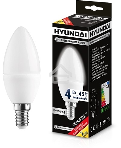 Лампа светодиодная HYUNDAI LED02-C35-4W-4.5K-E14 (белый свет) cерия Candle (уп-ка 20/100 шт)