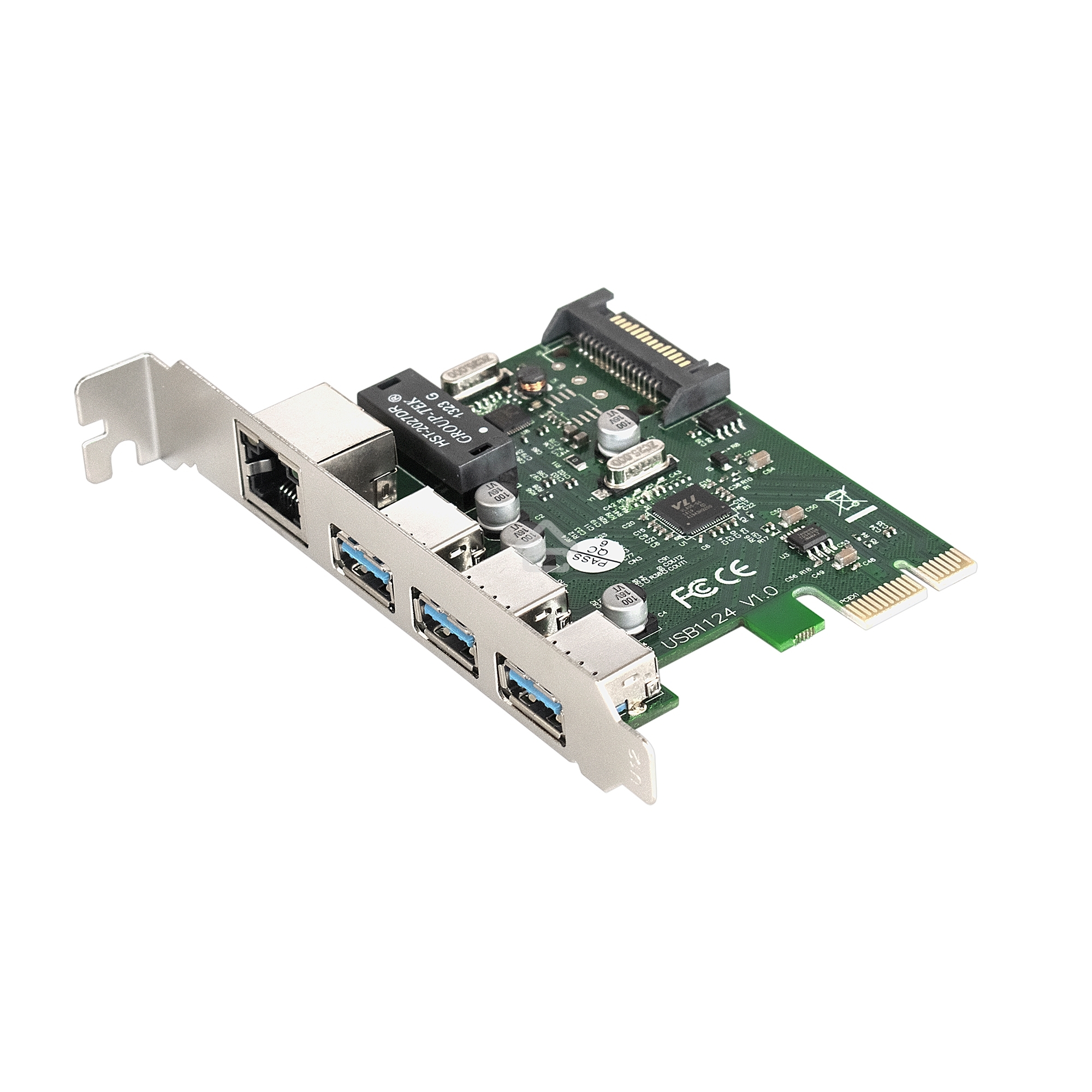 Контроллер сетевой ExeGate EXE-361 PCI-E 2.0, 3*USB3.0 ext + LAN UTP 1000Mbps, раз.доп.пит.OEM)