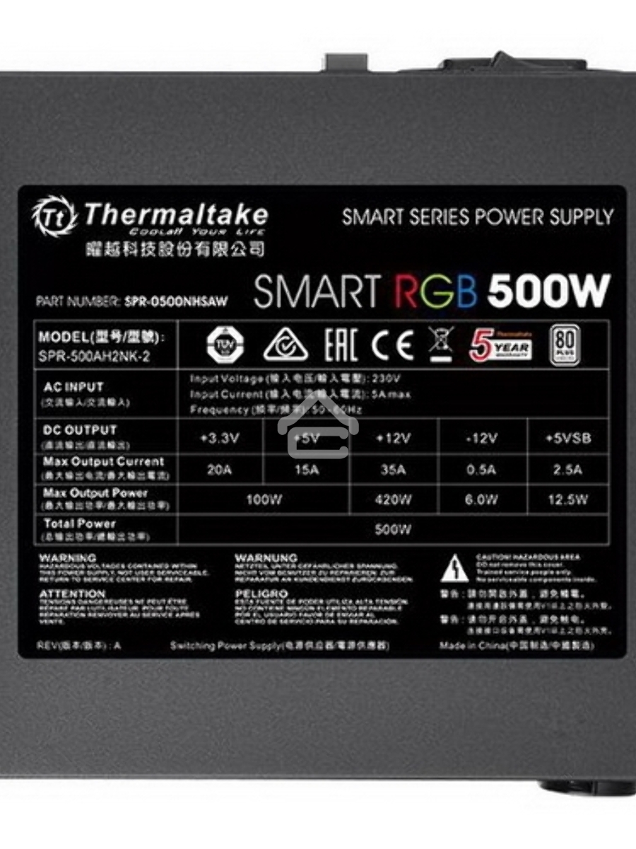 Блок питания Thermaltake Smart RGB (PS-SPR-0500NHSAWE-1), 500Вт, 80 PLUS, 120мм, черный