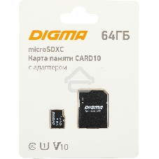 Флеш карта microSDXC 64Gb Class10 Digma CARD10 + adapter