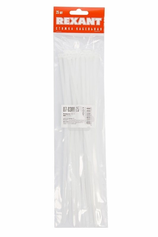 Хомут-стяжкa нeйлонoвая Rexant 300x4,8 мм, белая, упаковка 25 шт.