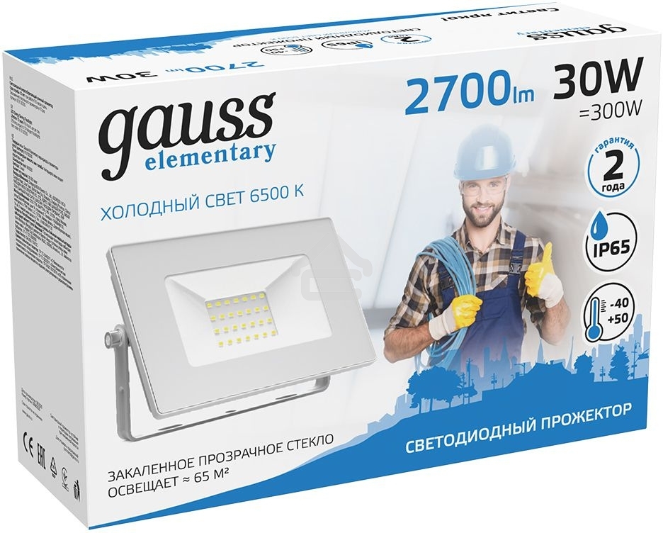 Прожектор светодиодный Elementary 30Вт 2100лм IP65 6500К бел. Gauss 613120330