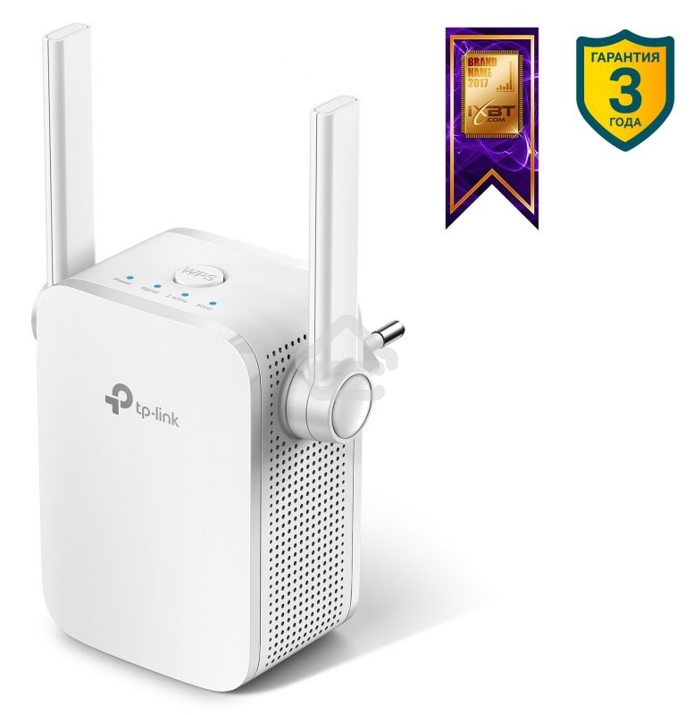 Усилитель TP-Link Wi-Fi AC750 Wi-Fi Range Extender, Wall Plugged,433Mbps at 5GHz + 300Mbps at 2.4GHz, 802.11ac/a/b/g/n, 1 10/100M LAN, WPS button, 2 fixed antennas поставляется без кабеля RJ-45