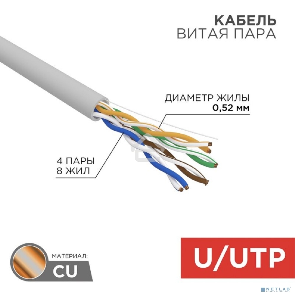 Кабель витая пара Rexant F/UTP, cat.5e, ZH нг(А)-HF, 2х2х0,52 мм, 24AWG, INDOOR, SOLID, серый, 305 м PRO