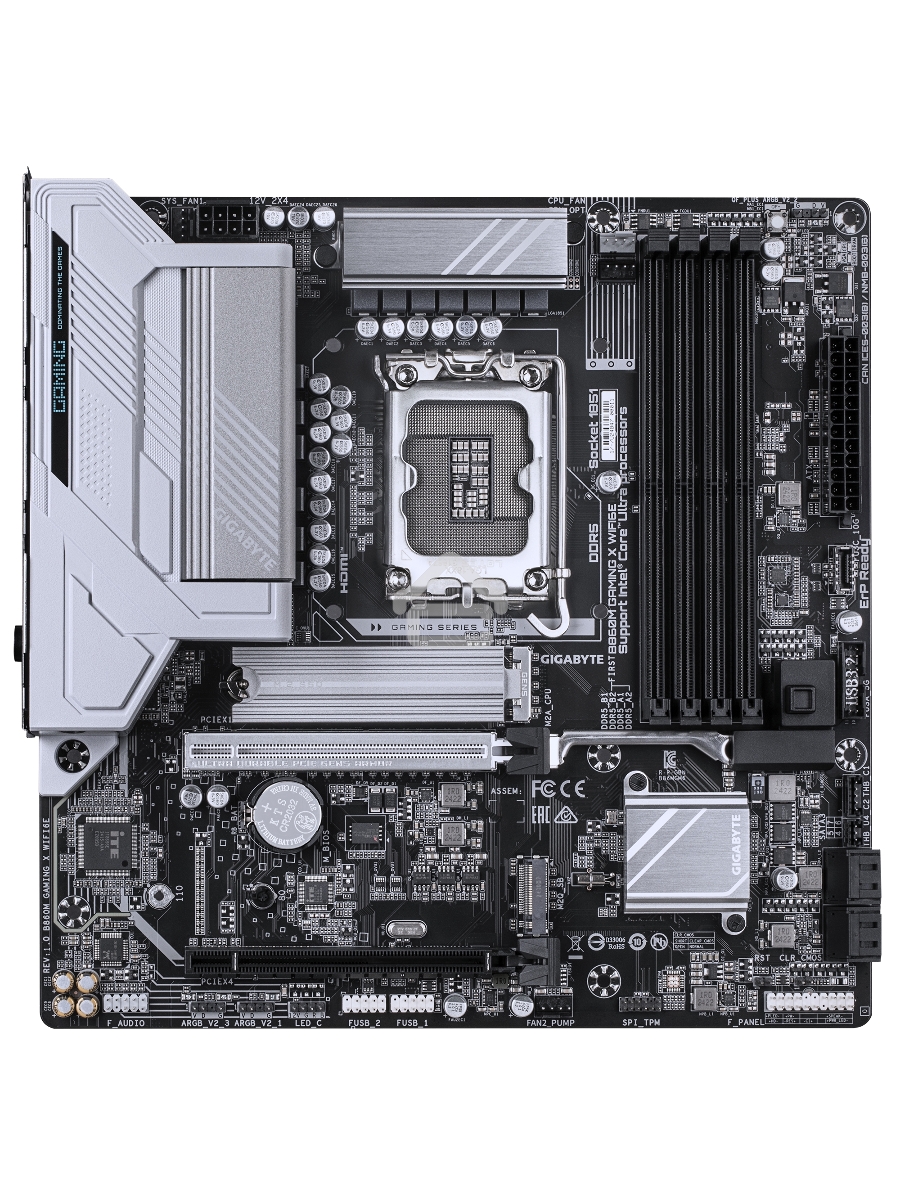 Материнская плата Gigabyte B860 GAMING X WIFI6E, LGA 1851, Intel B860, 4xDDR5, 4xSATA, 3xM.2, 1xPCIe 5.0 x16, 2xPCIe 4.0 x16, 1xHDMI, 1xDP, 1x 2.5Gb LAN, 4xUSB-A 2.0, 2xUSB-A 3.2 Gen 1, 1xUSB-C 3.2 Gen 2, 7.1, 3x3.5 мм, 3xARGB, 4xRGB, ATX