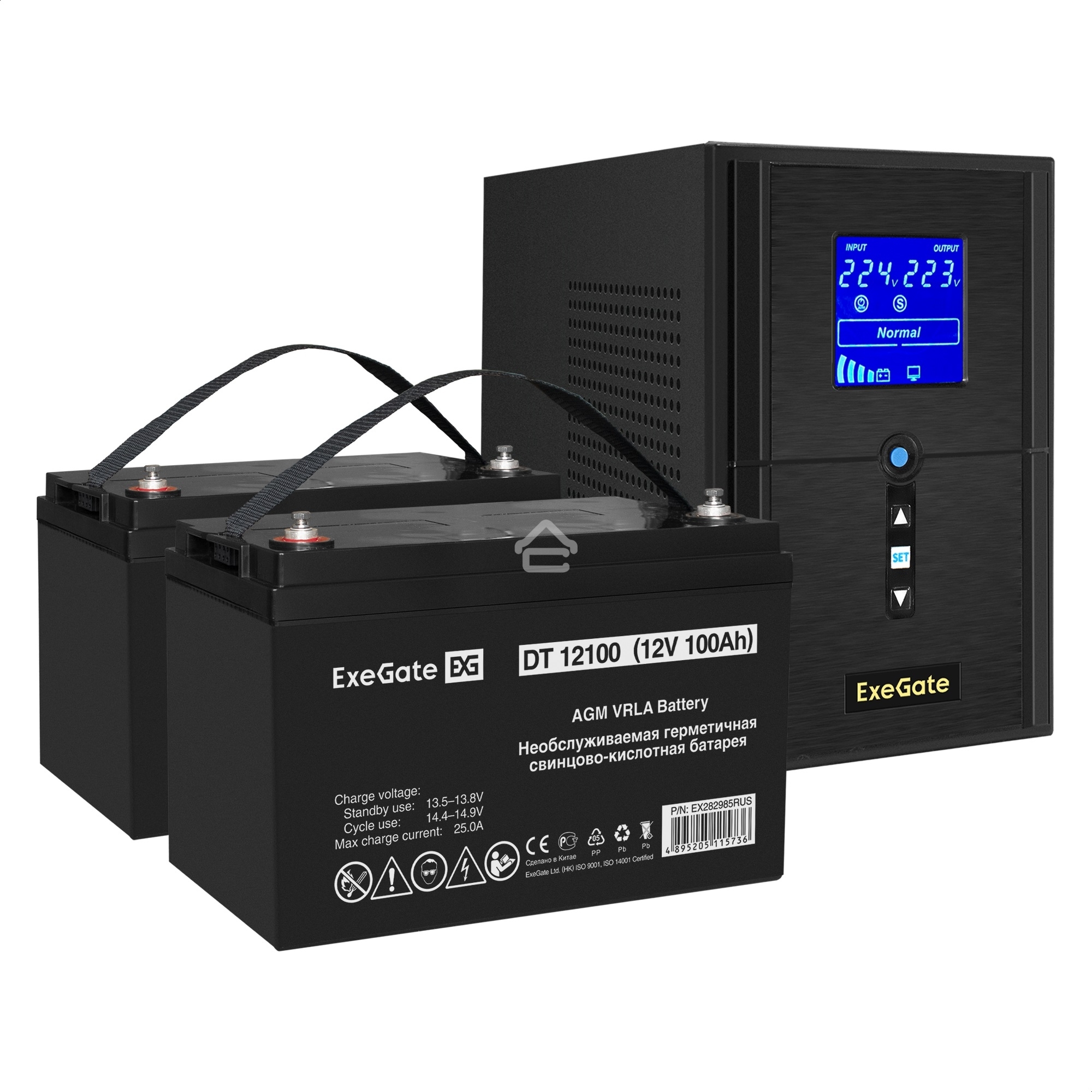 Комплект Источник бесперебойного питания EX295987RUS + батарея 100Aч EX282985RUS 2шт (инвертор, синус, для котла) ExeGate SineTower SZ-1000.LCD.AVR.2SH.1C13.USB <1000VA/800W, чистый синусоида, LCD дисплей, AVR, 2*Schuko+1*C13, USB, линейно-интерактивный, 