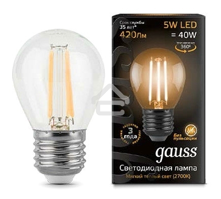 Лампа светодиодная Filament Шар E27 5Вт 2700К Gauss 105802105