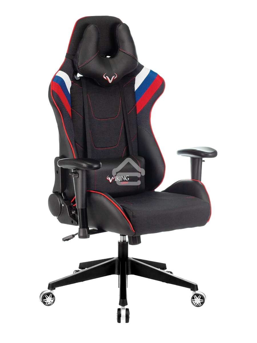 Кресло игровое Бюрократ VIKING 4 AERO RUS белый/синий/красный/черный, искусст. кожа/ткань, две подушки