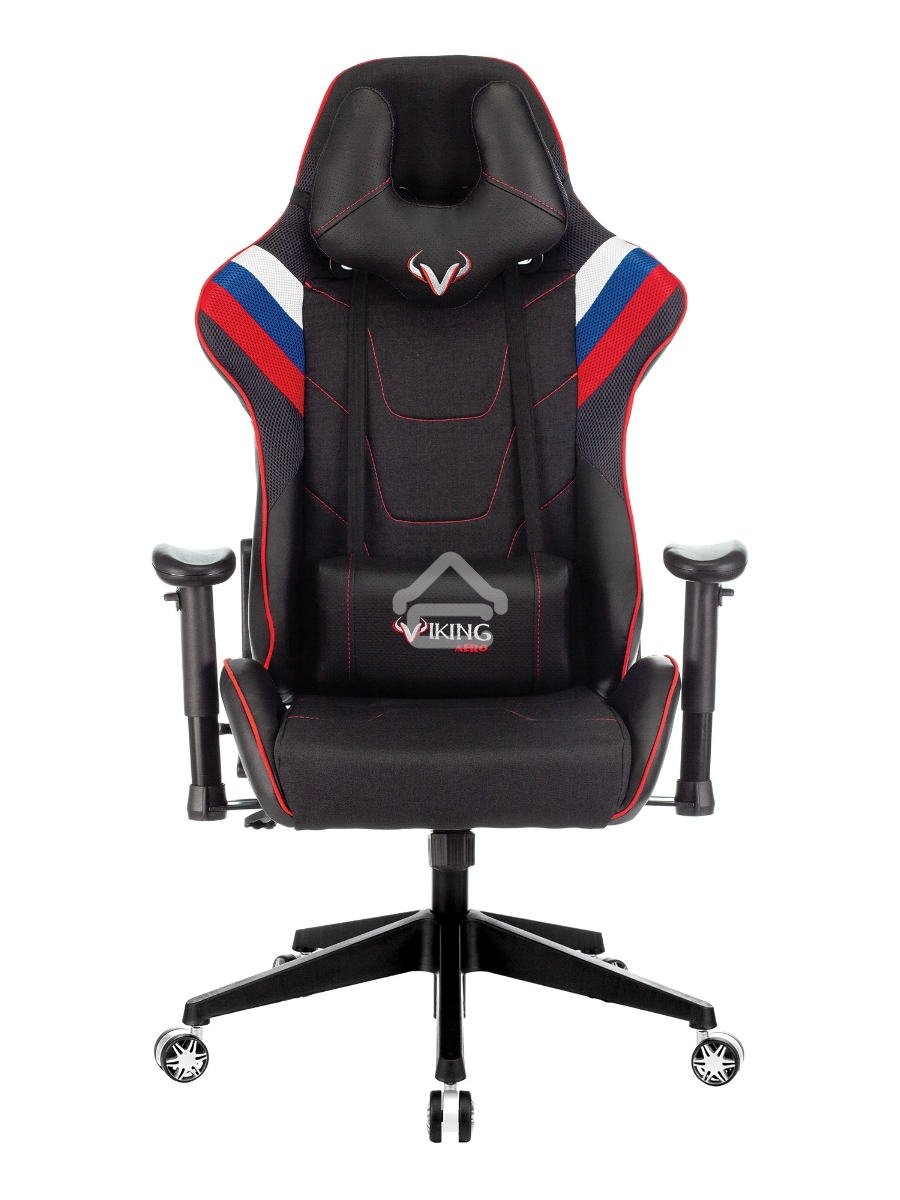 Кресло игровое Бюрократ VIKING 4 AERO RUS белый/синий/красный/черный, искусст. кожа/ткань, две подушки