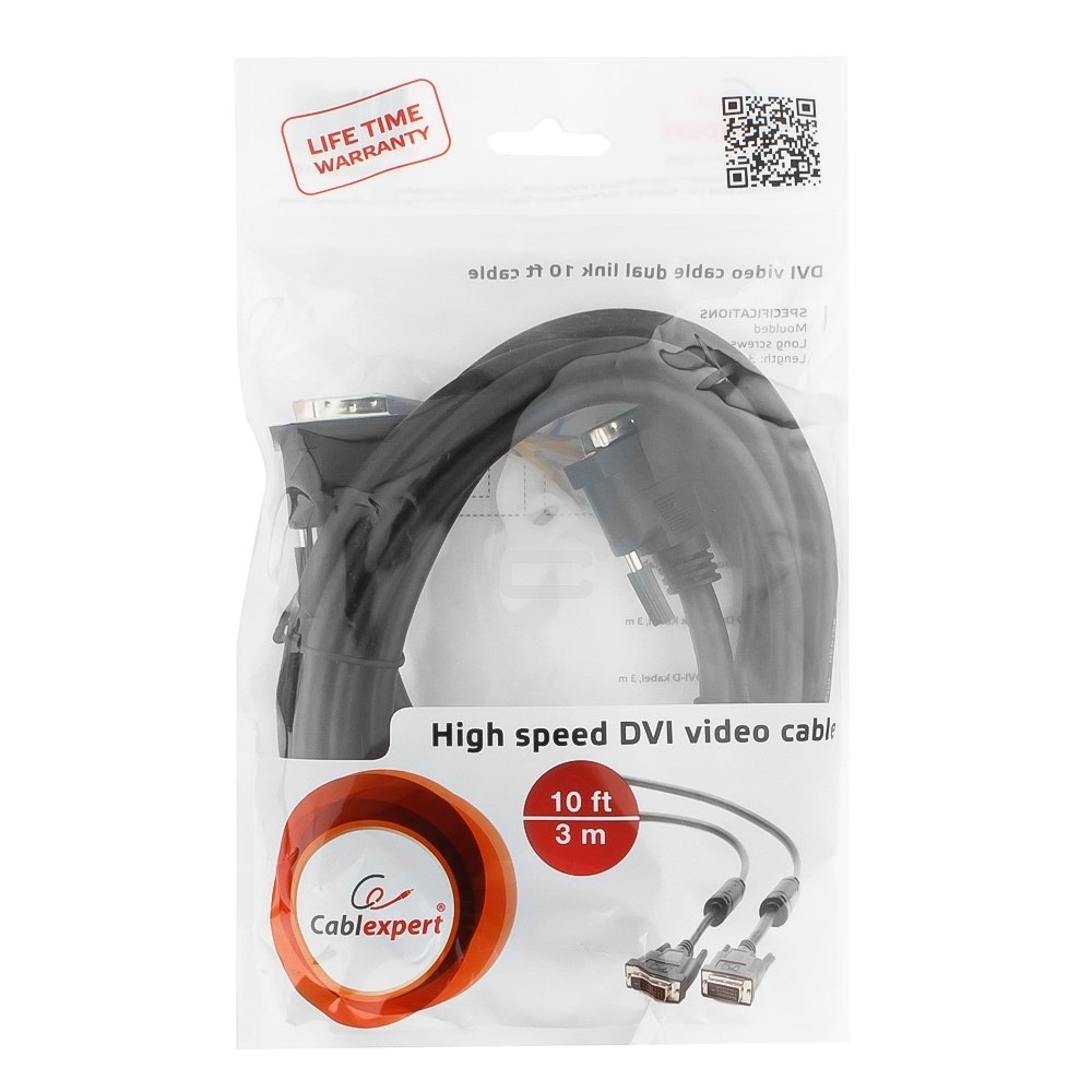 Кабель DVI-D dual link Gembird/Cablexpert, 25M/25M, 3.0м, черный, экран, феррит.кольца, пакет (CC-DVI2-BK-10)