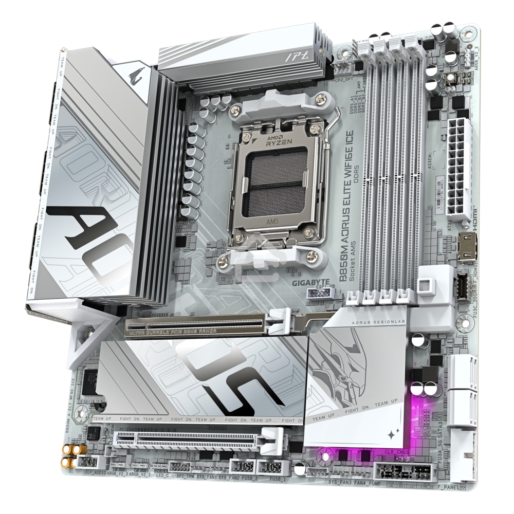 Материнская плата Gigabyte B850M AORUS ELITE WIFI6E ICE, AM5, AMD B850, 4xDDR5, 4xSATA, 2xM.2, 1xPCIe 5.0 x16, 1xPCIe 3.0 x4, 1xDP, 1xHDMI, 1x2.5Gb LAN, Wi-Fi 6E, Bluetooth 5.3, 2xUSB-A 10Gbps (Gen2), 5xUSB-A 5Gbps, 4xUSB-A 2.0, 1xUSB-C 10Gbps (Gen2), 2x3