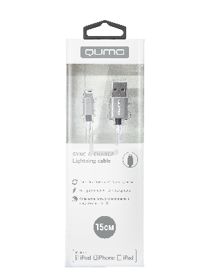Кабель Qumo, MFI С48, USB-Apple 8 pin, 0,15м, 5В, 2,4A, 12Вт, опл. нейлон, кон металл, серебро