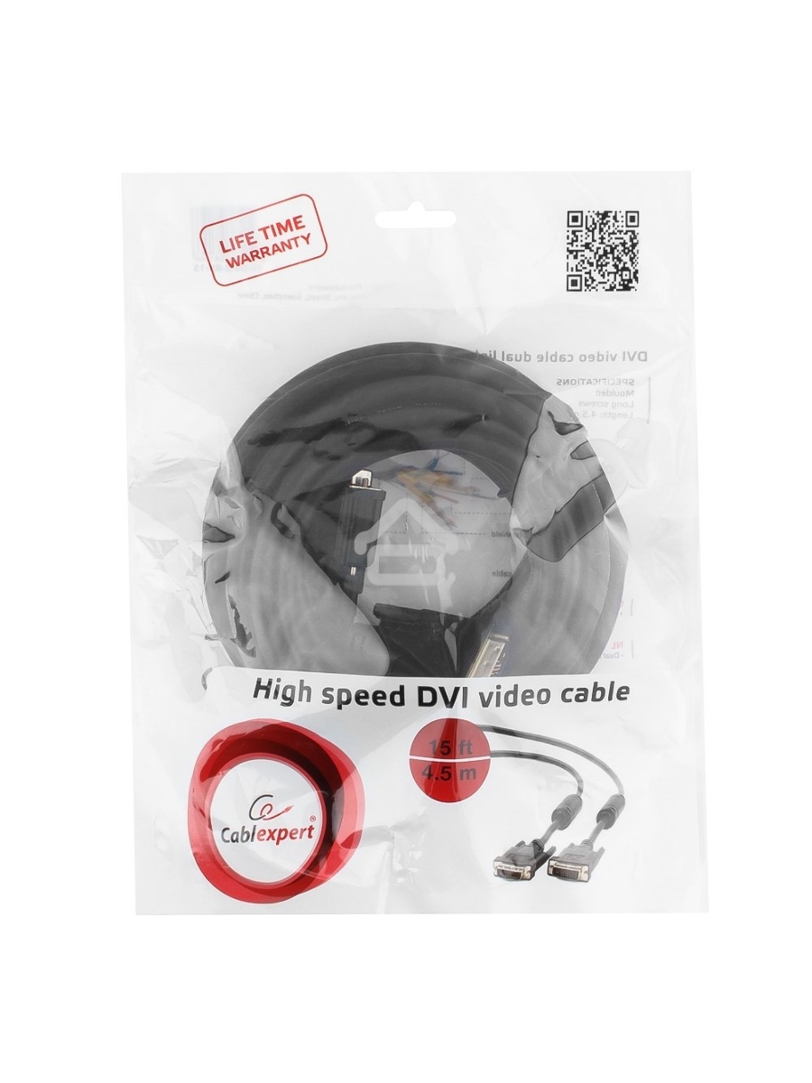 Кабель DVI-D dual link Gembird/Cablexpert CC-DVI2-BK-15, 25M/25M, 4.5м, черный, экран, феррит.кольца, пакет