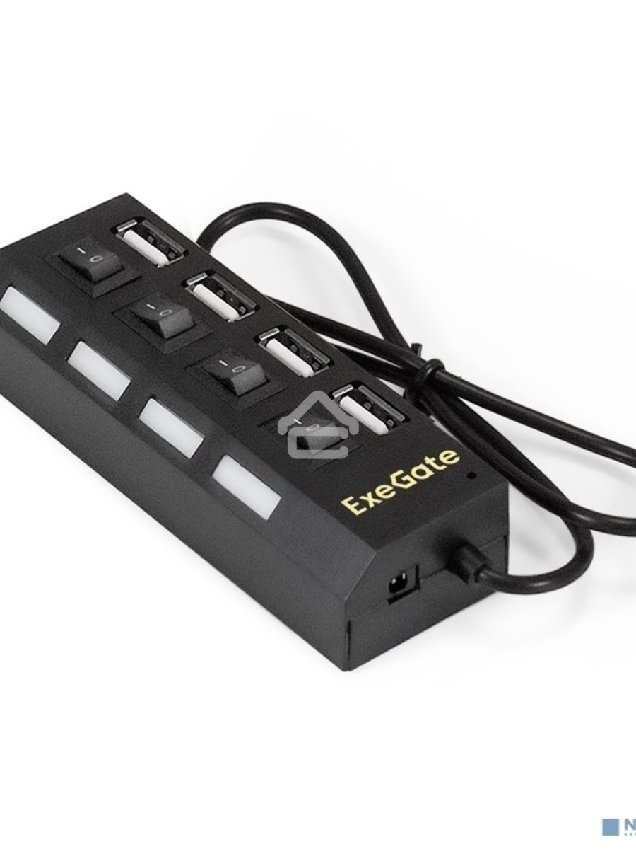 Хаб USB (концентратор) ExeGate EX293977RUS DUB-42SW (кабель-адаптер USB2.0 --> 4xUSB2.0, кнопки включения/отключения для каждого порта, Plug&Play, черный)