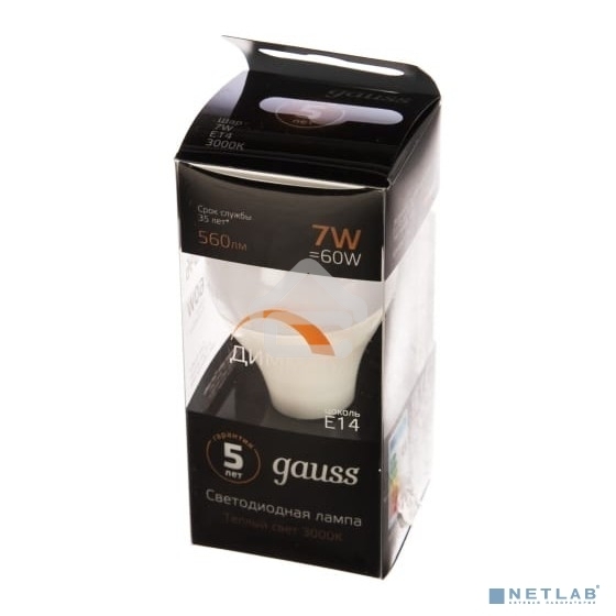 Лампа светодиодная Gauss 6.5Вт шар 3000К теплый белый E14 520лм 150-265В