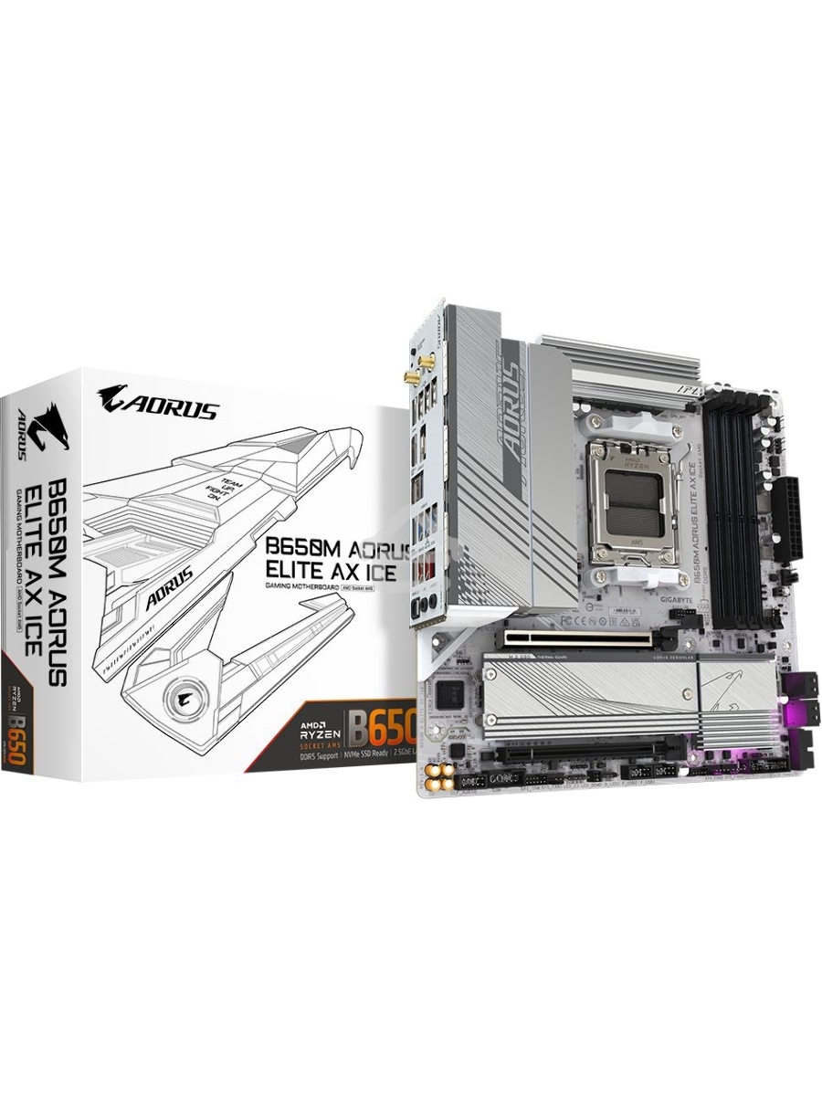Материнская плата Gigabyte B650M AORUS ELITE AX ICE SocketAM5 AMD B650 4xDDR5 mATX AC`97 8ch(7.1) 2.5Gg RAID+HDMI+DP