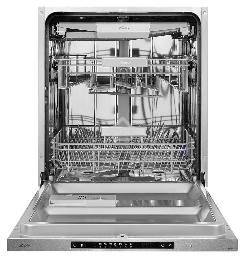 Встраиваемая посудомоечная машина MONSHER MD 6004, ширина 60 см, Количество корзин: 3, 14 комплектов посуды, Электронное управление, Цифровой дисплей, Отсрочка старта 1-24 часов, Луч на полу, Внутреннее освещение, программ: Интенсивная, Нормальная, ЕСО, С