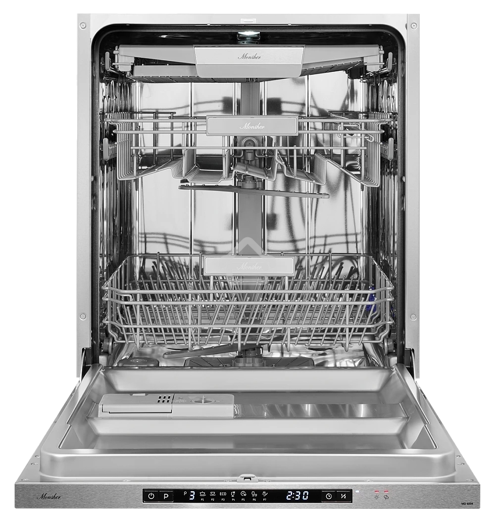Встраиваемая посудомоечная машина MONSHER MD 6004, ширина 60 см, Количество корзин: 3, 14 комплектов посуды, Электронное управление, Цифровой дисплей, Отсрочка старта 1-24 часов, Луч на полу, Внутреннее освещение, программ: Интенсивная, Нормальная, ЕСО, С