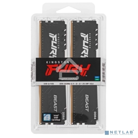 Оперативная память Kingston Fury Beast, DDR4, 32GB (2x16GB), 3200MHz, CL16, DIMM, с радиатором, черный