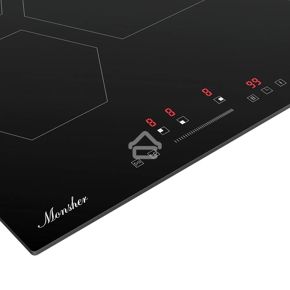 Индукционная варочная панель MONSHER MHI 4506, 45 см, индукция, High-Tech, inverter, 9 уровней мощности, бустер, Stop and Go, автоматическое отключение, таймер, индикатор остаточного тепла, сенсорное/слайдерное управление, черный